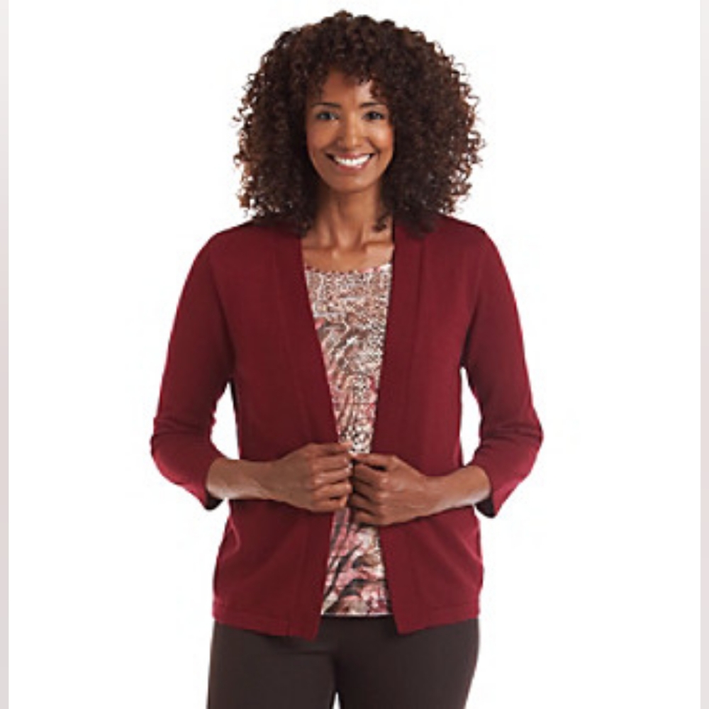 Alfred Dunner Villa D'Este Ruffle Layered Cardigan Sweater 2Fer  Merlot S NEW